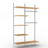 KALI, 2 секции, 3 прямых стойки, узкий профиль, для 5-ти деревянных полок, для 2-х овальных штанг, серебро